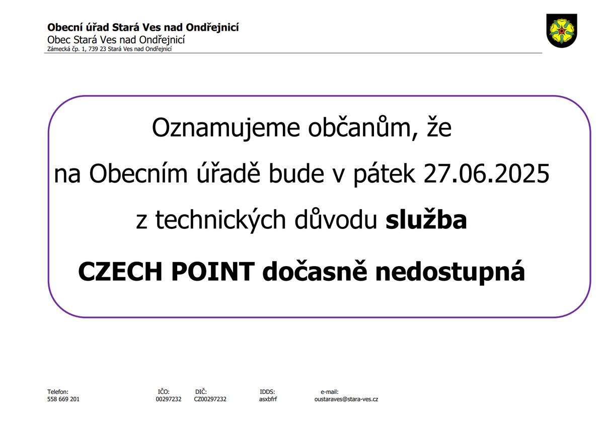 V pátek 27. 6. 2025 bude služba CZECH POINT na OÚ z technických důvodů dočasně nedostupná.
