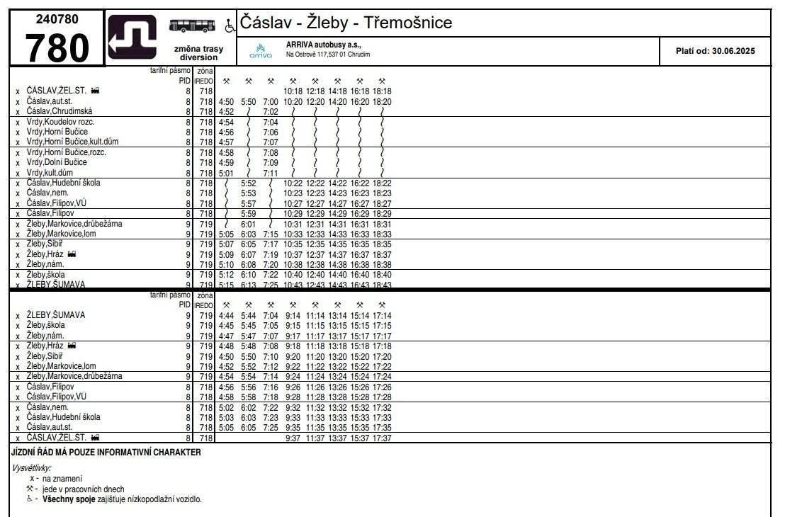 Výluka linky 780 od 30.6.2025 z důvodu uzavření silnice Žleby - Ronov nad Doubravou: - Úsek Čáslav-Žleby,Šumava je provozován beze změn. - Úsek Žleby-Třemošnice není obsluhován. - Pro dopravu do Ronova nad Doubravou a Třemošnice použijte vlak   Ranní spoj v 7:10 z Čáslavi přes Vrdy do Žlebů jede o 10 minut dříve (Čáslav 7:00, příjezd Žleby,Šumava 7:25, možnost přestupu na vlak v 7:35 ze zastávky Žleby zastávka směr Ronov nad Doubravou a Třemošnice). Výlukový jízdní řád linky 780 zde: 780_linka.pdf Spojení můžete vyhledat zde: https://pid.cz/hledani-spojeni