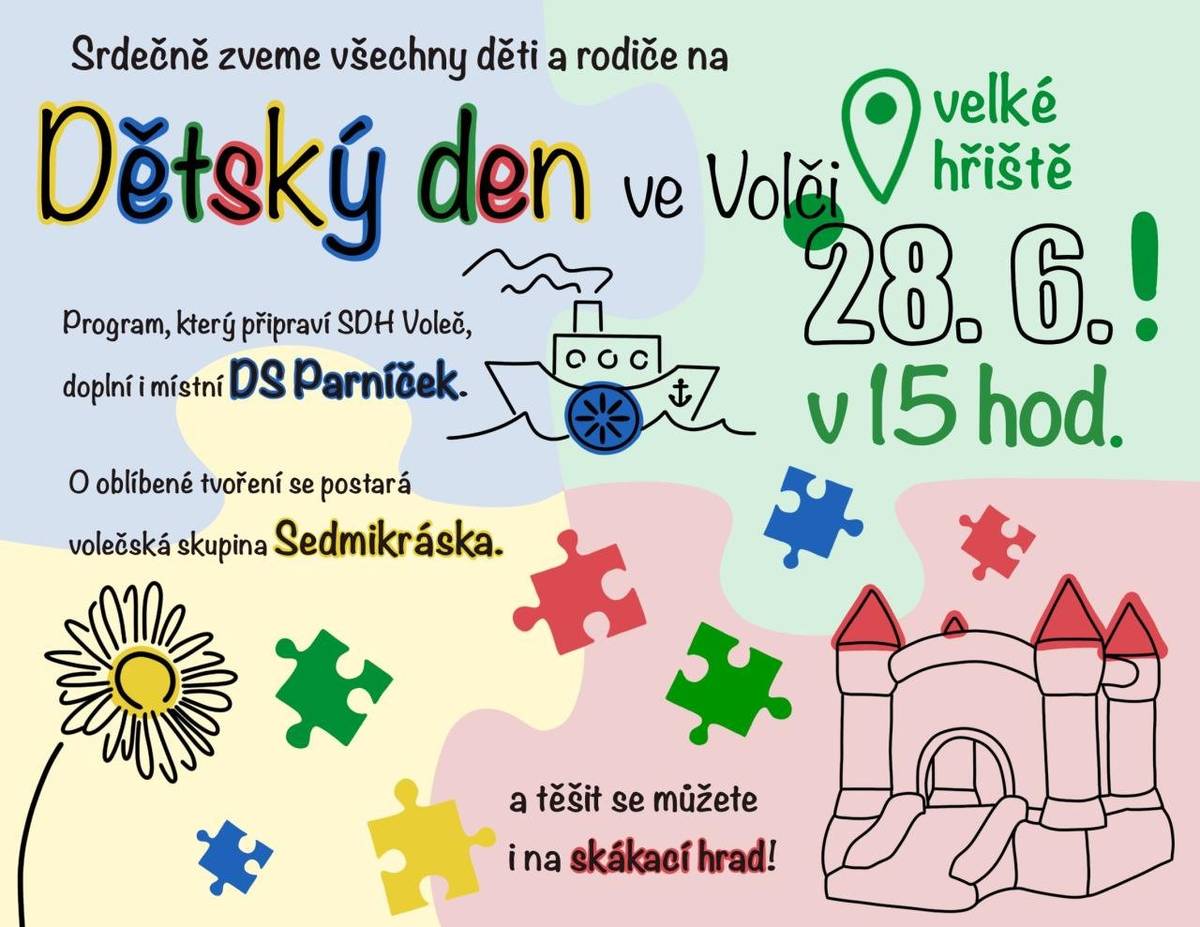 Obec Voleč srdečně zve všechny občany na dvě letní akce! 🎈 V sobotu 28. června od 15 hodin se na velkém hřišti ve Volči koná Dětský den! Těšit se můžete na pestrý program připravený SDH Voleč, oblíbené tvoření s místní skupinou Sedmikráska, připojí se i DS Parníček a nebude chybět ani skákací hrad pro děti! ♻️ A v pondělí 21. července od 15 do 19 hodin proběhne v kulturní místnosti obce Voleč Letní sousedský swap – přines nepotřebné, odnes, co se ti hodí! Vyměňovat můžete oblečení, obuv, knihy, hračky, dekorace a další věci z domácnosti. Přinést a odnést bude možné pouze jednu tašku. Vstupné je dobrovolné. Pro děti jsou připraveny dílničky na téma recyklace od 17 hodin a od 17:30 divadélko Pejsek a kočička. Na obě akce vás zve obec Voleč, SDH Voleč a skupina Sedmikráska. Těšíme se na vaši účast!
