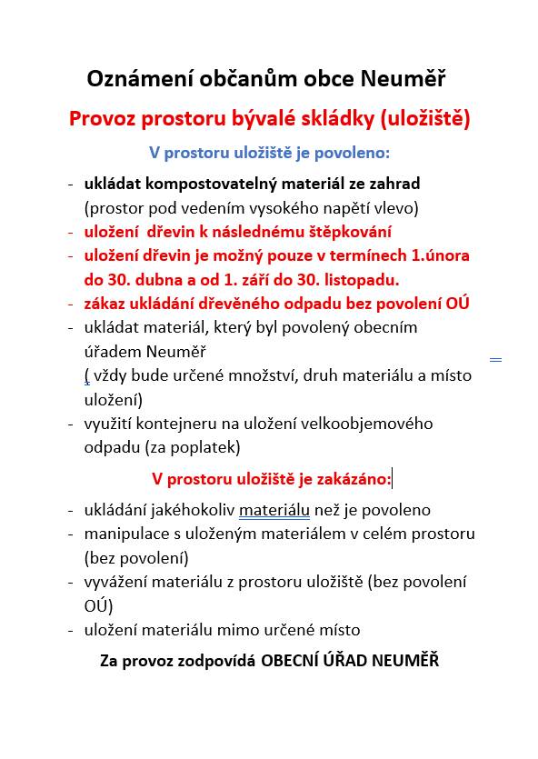 Důležitá změna v ukládání dřevin k následnému štěpkování. Z důvodu nedodržování ukládání dřevin v prostoru uložiště, kdy se ukládá nepovolený materiál (dřevotřísky, staré trámy,...) bylo rozhodnuto o omezení provozu uložiště. Viz příloha. Děkujeme všem, kteří dodržují pravidla.