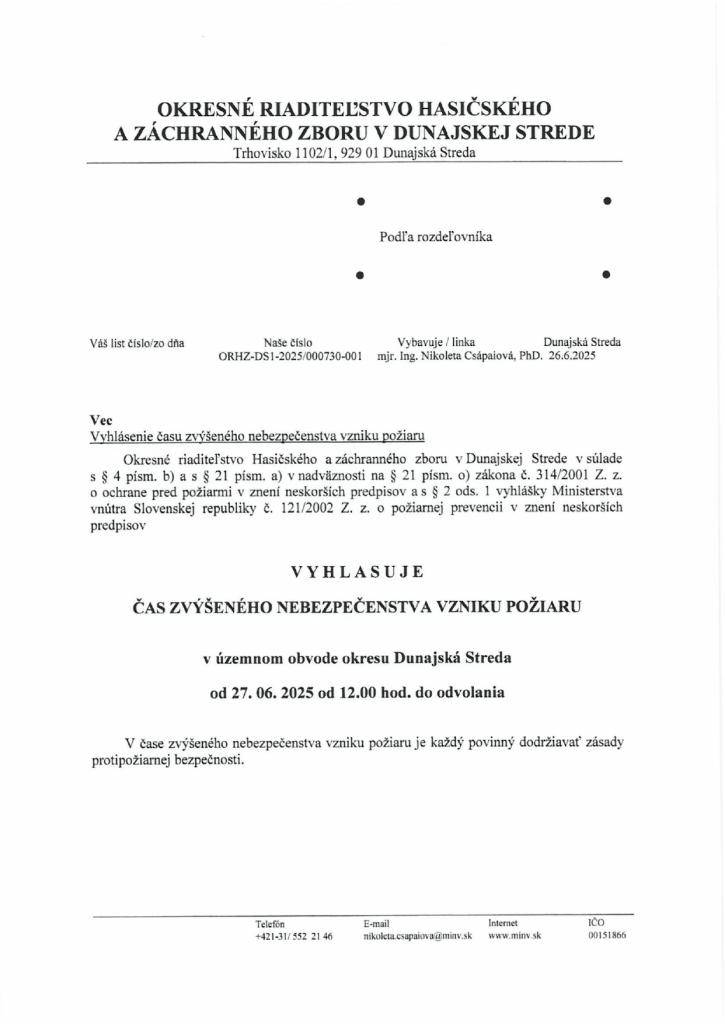 Vyhlásenie času zvýšeného nebezpečenstva vzniku požiaru