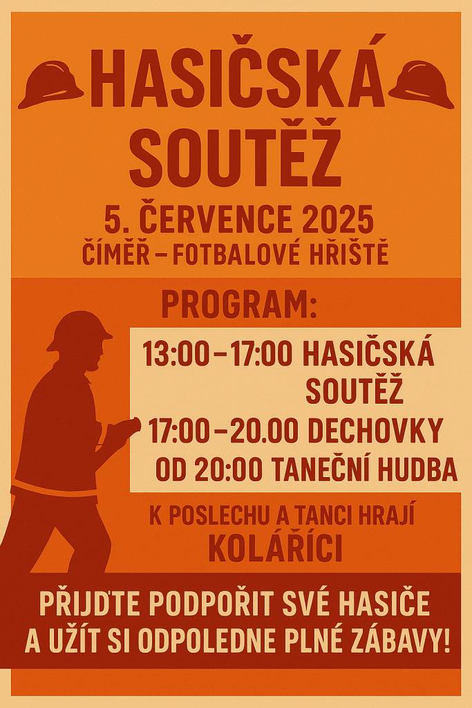 Zveme všechny na odpoledne plné zábavy! Přijďte podpořit své hasiče a užít si soutěž, dechovky a taneční hudbu. Soutěž se koná od 13:00 do 17:00, následovaná od 17:00 - 20:00 hod dechovkami. Večer od 20:00 se můžete těšit na taneční hudbu - Koláříci. Občerstvení zajištěno!