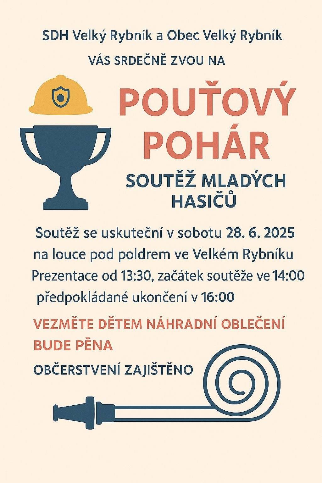 Važení spoluobčané. Zveme Vás tímto na každoroční Hasičskou soutěž mladých hasičů, která se bude konat v sobotu 28.6.2025 od 14:00h pod poldrem ve Velkém Rybníku. S pozdravem OÚ Velký Rybník.