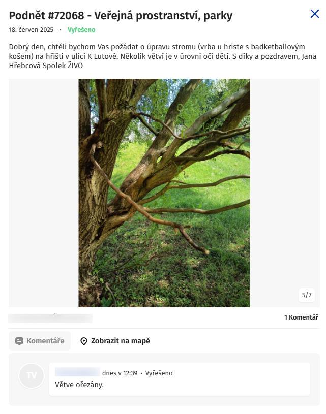 Vyřešili jsme pro vás 🌳 Podnět č. 72068