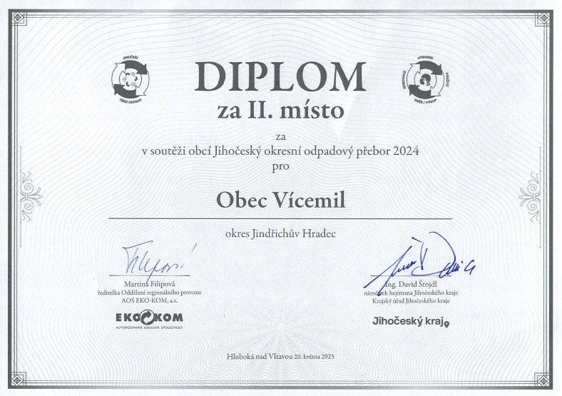 Přátelé, kamarádi, díky Vašemu třídění se naše vesnička umístila v okrese Jindřichův Hradec na krásném 2. místě v soutěži Jihočeský okresní odpadový přebor 2024. Soutěže se zúčastnilo 97 obcí a měst. Děkuji Vám za příkladné třídění a přeji krásné léto. Váš starosta :-)