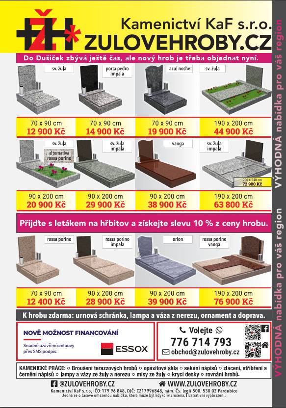 V pátek 11.7. a 18.7. od 13:30-13:50, na hřbitově v Perálci, bude obchodní zástupce společnosti Kamenictvi KaF s.r.o. přijímat objednávky k opravám hrobů.Společnost poskytuje veškeré kamenické práce.