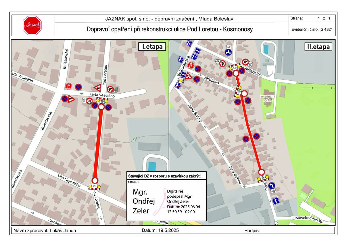 Dopravní omezení na II.etapu je v termínu od 30.6.2025  do  13.7.2025. Důvod omezení dopravy je rekonstrukce místní komunikace ul.Pod Loretou.