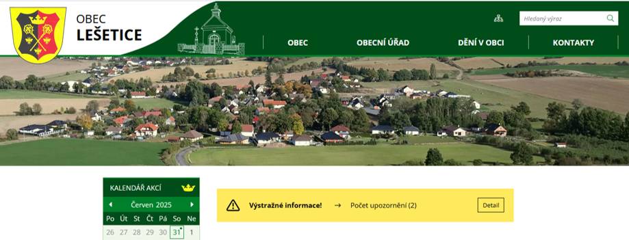 Na webových stránkách/ úřední desce obce nově najdete i aktuální meteorologické výstrahy. Pokud je nějaká taková v platnosti, objeví se upozornění na úvodní stránce nahoře a po rozkliknutí uvidíte detaily výstrahy.