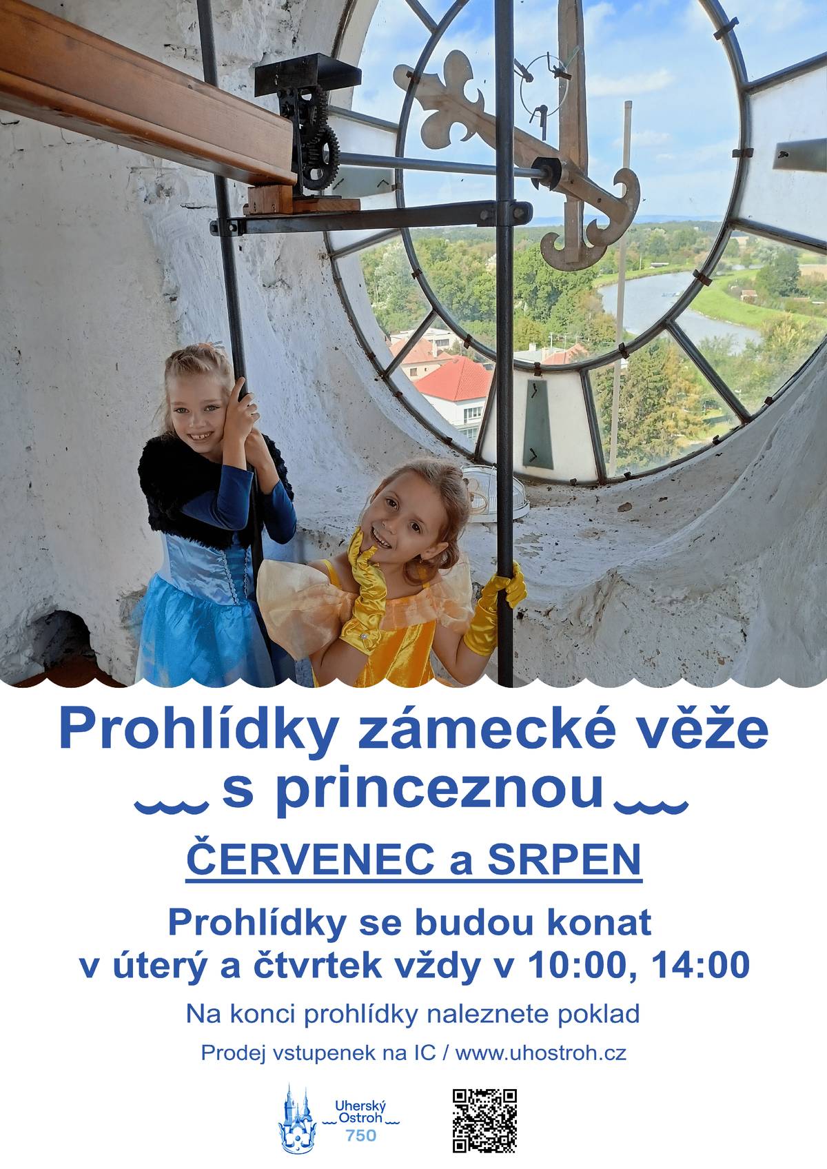 Také během letošních letních prázdnin se můžete na ostrožském zámku těšit na speciální prohlídky zámecké věže s ostrožskou princeznou, které jsou určeny především dětem. Děti se na ní hravou a poutavou formou dozví něco málo z historie Uherského Ostrohu i zdejšího zámku, budou pátrat po jméně naší princezny a na konci prohlídky naleznou zdejší poklad.  Prohlídky s princeznou se na ostrožském zámku budou v měsících červenci a srpnu 2025 konat každé úterý a čtvrtek vždy v 10:00 a ve 14:00 hodin. Vstupenky na prohlídky zakoupíte buď elektronicky na webových stránkách města (viz odkaz https://portal.colosseum.eu/Tours?mrsid=261), nebo osobně na pokladně ostrožského informačního centra. Vzhledem ke zvýšenému zájmu o prohlídky během letních prázdnin doporučujeme zájemcům včasný nákup vstupenek.
