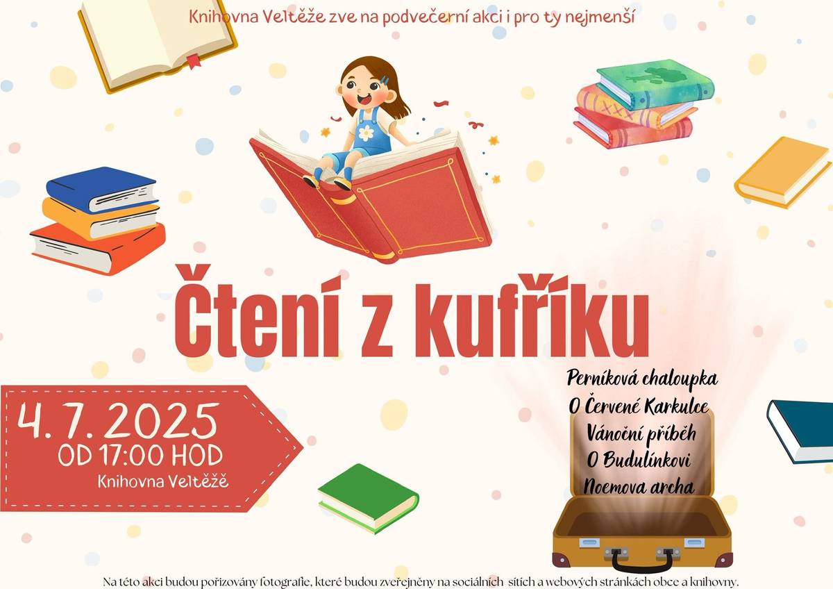 Knihovna Veltěže zve děti i jejich rodiče na podvečerní čtení, které se koná v pátek 4. července 2025 od 17.00 hodin. Těšit se můžete na příjemné čtení pohádek z kouzelného kufříku.
