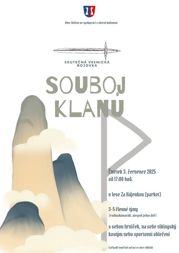 Ve čtvrtek 3.7.2025 od 17 hodin začne na parketě pořádná vikingská bojovka. 💪Sestavte si svůj klan (rodina, kamarádi, žádný věk není překážkou, podmínkou je jedno dítě v týmu max. 5 osob).👨👨👧👦 Můžete si pořídit vikingské kostýmy, nejsou nutné, ale může to být sranda. Za odměnu na vás čekají špekáčky.😋 Budeme rádi, když nám dáte vědět, že se zúčastníte - na tel. 732649699. Moc se na vás těšíme!