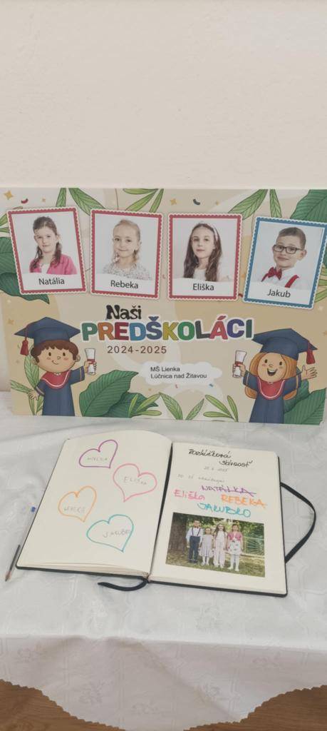 Brány MŠ sa už pomaly zatvárajú pre našich 4 predškolákov Natálku, Elišku, Rebeku a Jakubka, ktorí po prázdninách nastupujú do veľkej školy. Budúci prváci sa rozlúčili básničkami, piesňou aj tancom s mladšími kamarátmi a s personálom MŠ. Želáme Vám kamaráti veľa úspechov, nech sa Vám v škole darí.