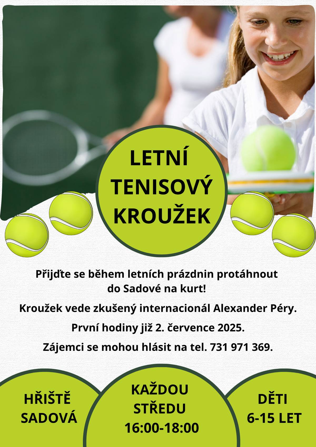 Kroužek bude probíhat v Sadové každou středu, zájemci nechť se nahlásí na tel. 731 971 369 Alexand Péry.