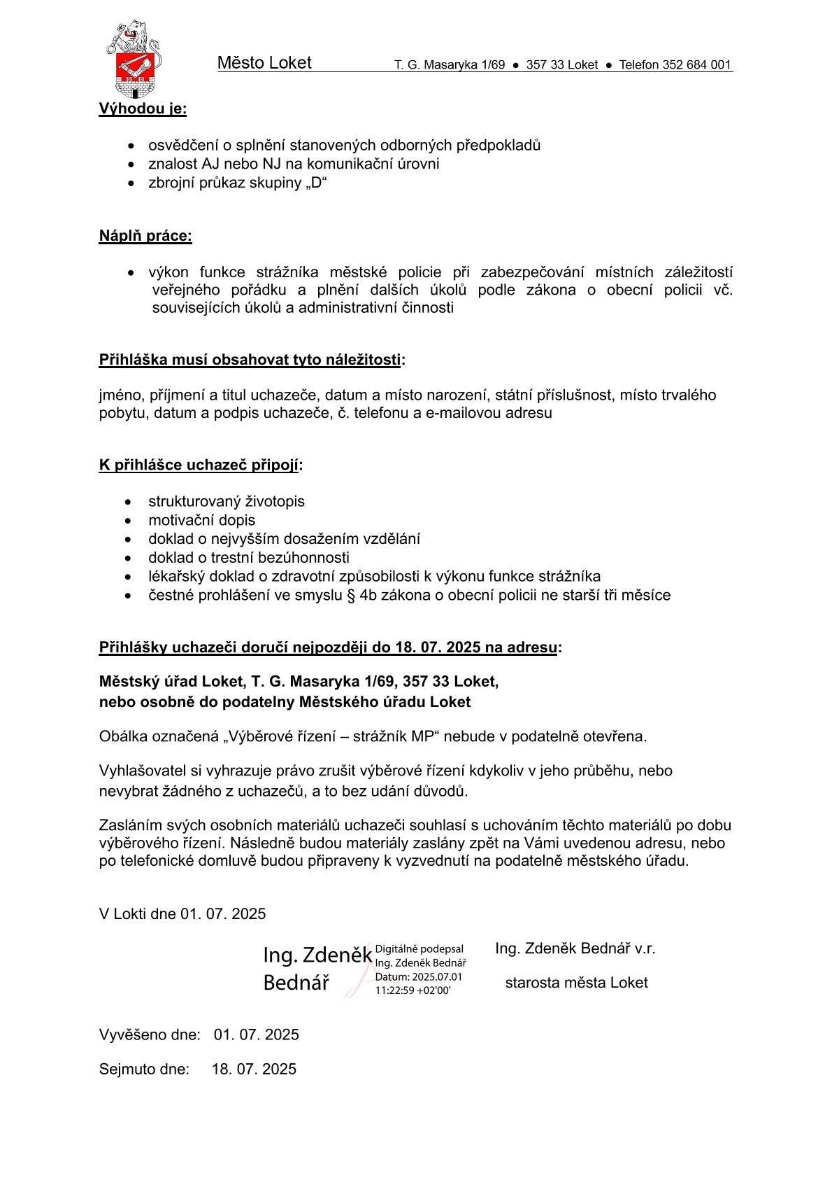 Město Loket vyhlašuje výběrové řízení na pracovní pozici: strážník Městské policie Loket