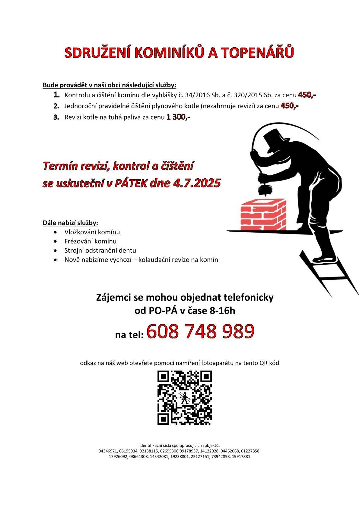 Šenovský škrpál Vážení občané, U příležitosti letošního jubilejního 30. ročníku Šenovského škrpálu bychom rádi uskutečnili malé ohlédnutí za všemi proběhlými ročníky. Chtěli bychom vás poprosit o zapůjčení nebo zaslání fotografií z předešlých ročníků. Fotografie můžete zaslat na e-mail obce: obec@senovunovehojicina.cz, nebo na Messenger obce, nebo donést osobně na sekretariát starosty obce, kde si je naskenujeme a vrátíme zpět. Budeme moc rádi, pokud se s námi do této akce zapojíte. Předem děkujeme. Sdružení kominíků a topenářů Sdružení kominíků a topenářů bude provádět v naší obci v pátek 4. července požadované kontroly a čištění komínů za následující ceny: Čištění komínů                     450 Kč Čištění plynových kotlů      450 Kč Revize kotlů na tuhá paliva 1 300 Kč Dále nabízí levné vložkování a frézování komínů, výchozí – kolaudační revize. Zájemci se mohou objednat telefonicky na čísle: 608 748 989. Studénka Drůbež Studénka Drůbež nabízí k prodeji: Kuřice různých barev, roční slepice za 100 Kč, chovné kohouty, krůty, husokačeny, brojlerová kuřata, krmné směsi a vitamíny. Prodej se uskuteční ve čtvrtek 3. července od 10:45 – 11:00 na parkovišti u Pošty v Šenově u Nového Jičína.