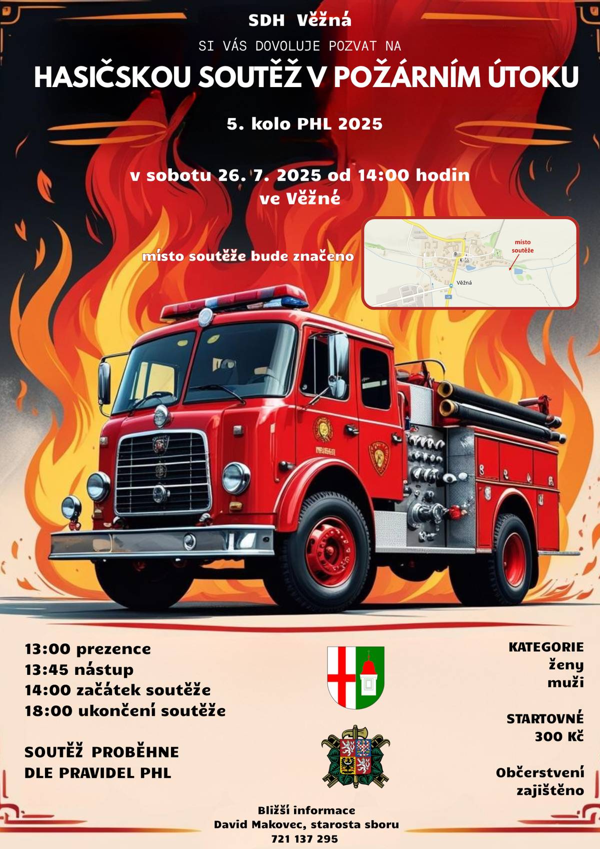 SDH Věžná vás srdečně zve na hasičskou soutěž v požárním útoku - 5. kolo PHL 2025. Akce se uskuteční v sobotu 26. 7. 2025 od 14:00 hodin u koupaliště. Občerstvení zajištěno. Přijďte fandit našim borcům!