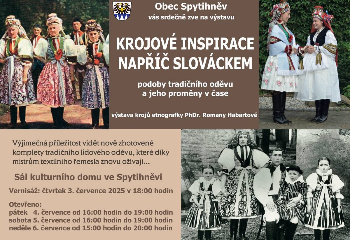 Nezapomeňte, že dnes od 18:00 hodin se v sále kulturního domu ve Spytihněvi koná vernisáž výstavy “Krojové inspirace napříč Slováckem”, na kterou vás srdečně zveme. Uvidíte 54 postav v krojích ze Zlínského a Jihomoravského kraje, které vám v rámci vernisáže autorka výstavy etnografka PhDr. Romana Habartová i odborně představí. Atmosféru zpříjemní cimbálová muzika Novoveská banda. Vše je už připraveno a těšíme se na vás!