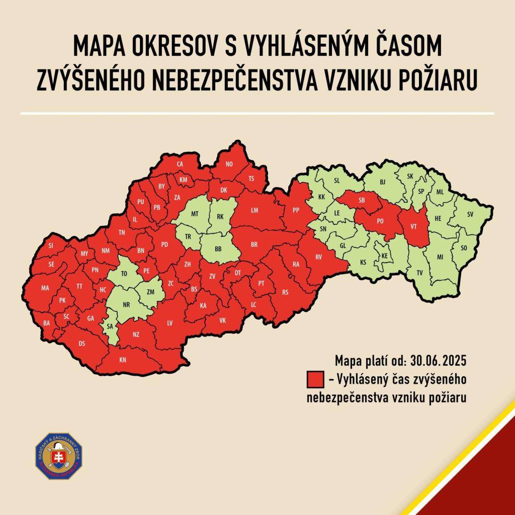 OR HaZZ v Prešove vyhlasuje, čas zvýšeného nebezpečenstva vzniku požiaru pre okresy Prešov a Sabinov, ktoré platí od 30.06.2025 od 09:00 hod. až do odvolania.
