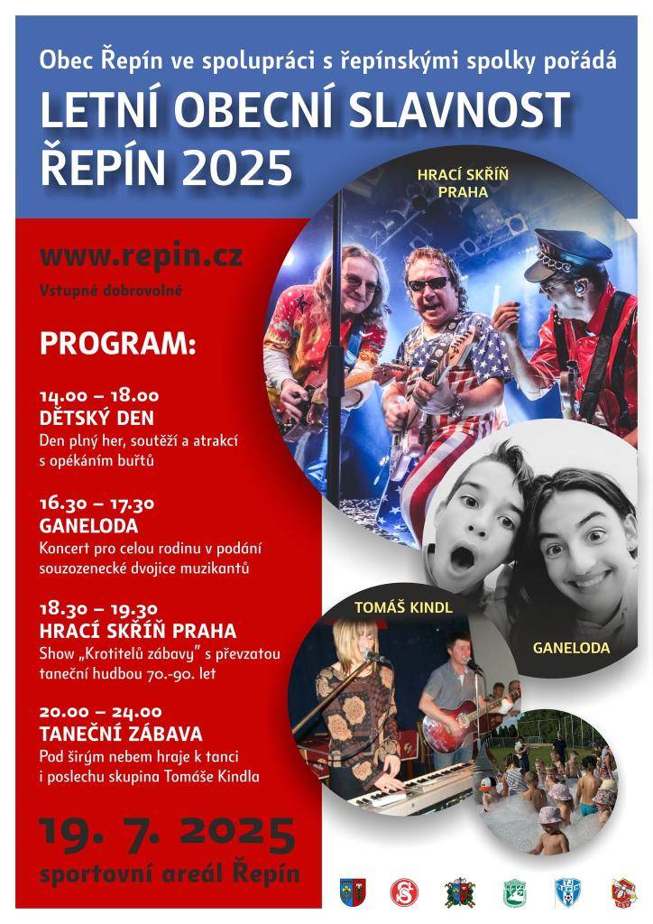 Obec Řepín ve spolupráci s řepínskými spolky pořádá Letní obecní slavnost s kulturním programem. V sobotu 19.7.2025 od 14.00 hod. ve sportovním areálu Řepín. Vstupné dobrovolné.
