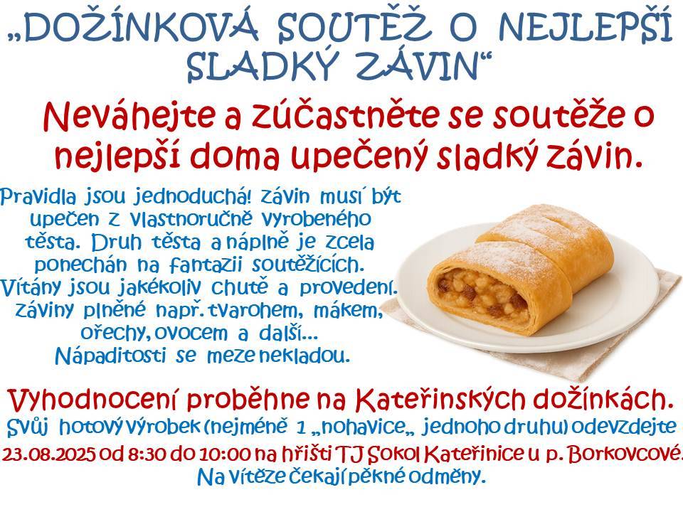 Zapojte se do soutěže o nejlepší sladký závin, který musí být upečen z vlastnoručně vyrobeného těsta. Oceníme vaši kreativitu a chuťové kombinace.