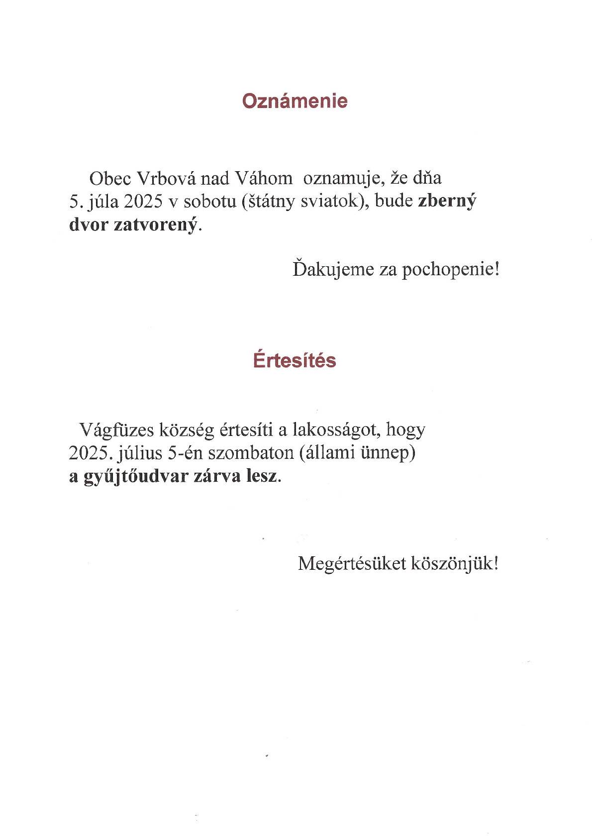 Zberný dvor - Gyűjtőudvar