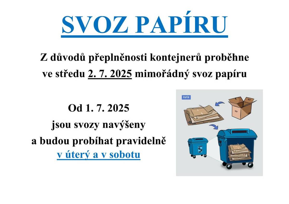 V rámci zlepšení služeb proběhne mimořádný svoz papíru ve středu 2. července 2025. Od 1. července 2025 budou svozy papíru pravidelně probíhat každé úterý a sobotu.