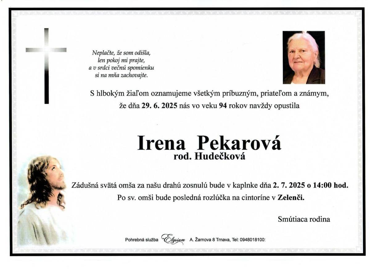 p. Irena Pekarová, rod. Hudečková