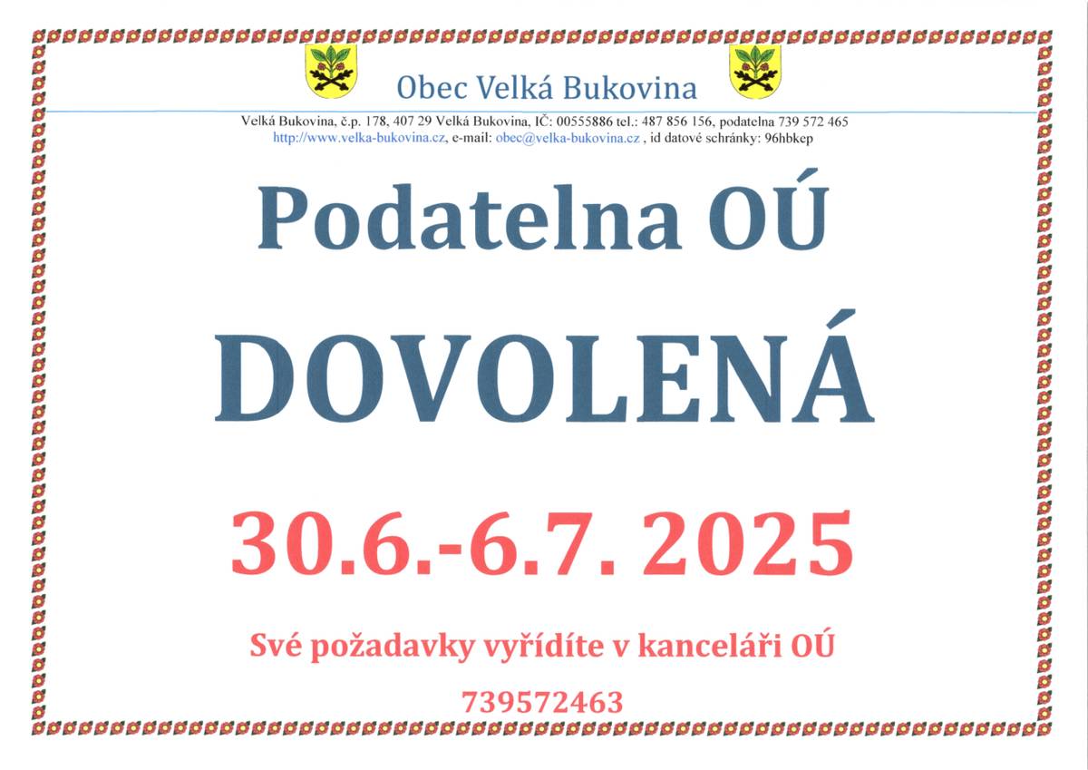 Dovolená podatelny OÚ  30.6.-6.7.2025