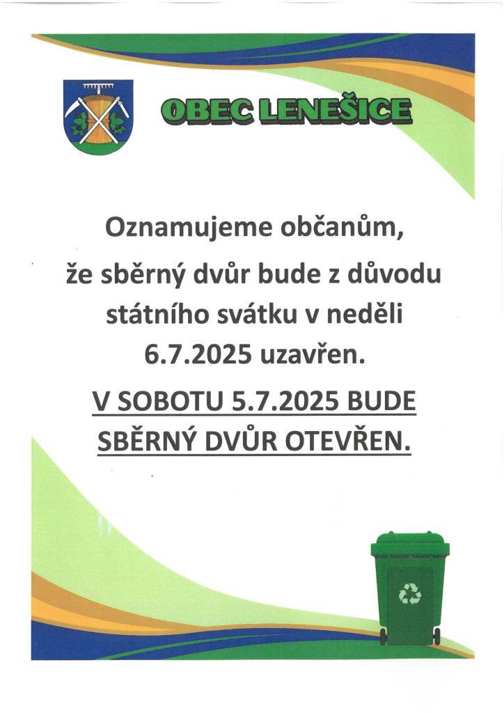 Z důvodu státního svátku bude sběrný dvůr 6.7.2025 uzavřen.