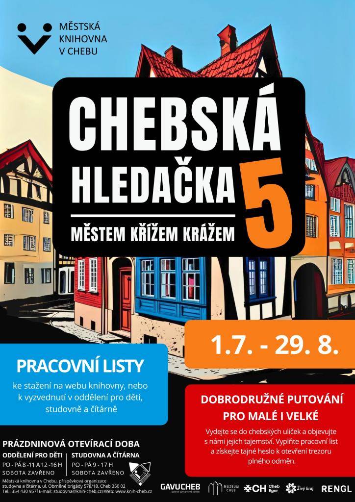 Městská knihovna v Chebu Vás již popáté srdečně zve na Chebskou hledačku – dobrodružnou pátrací hru pro děti i dospělé, která Vás provede chebskými uličkami křížem krážem a odhalí Vám jejich skrytá tajemství.    I letos na Vás čeká originální trasa o délce 4,8 km plná zábavných úkolů.