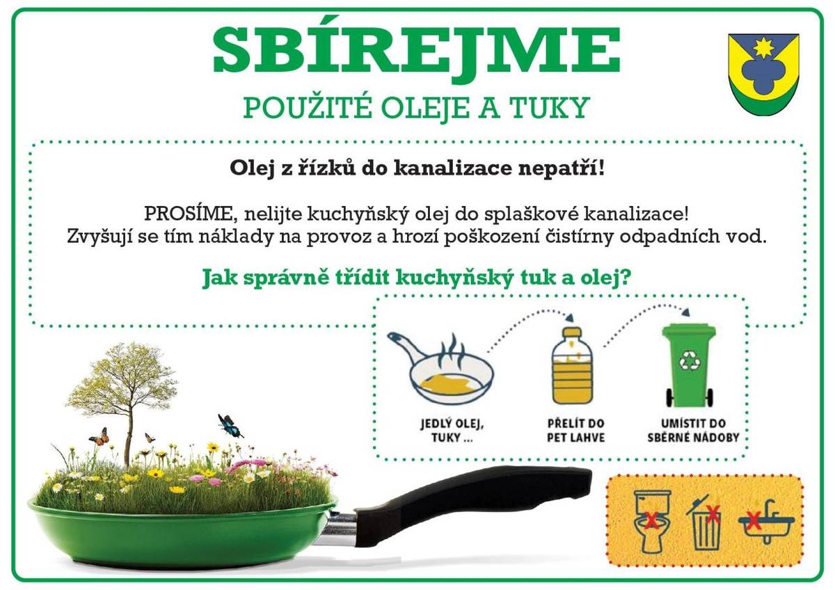 Sbírejme použité oleje a tuky.  Škodí provozu čistírny odpadních vod.  Děkujeme!