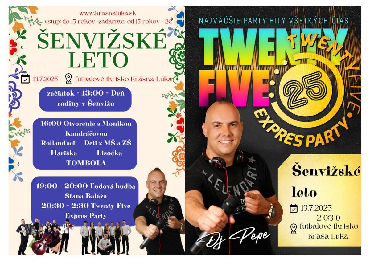 Obec Krásna Lúka Vás srdečne pozýva na Šenvižské leto dňa 13.7.2025 so začiatkom o 13.00 hod. na futbalovom ihrisku