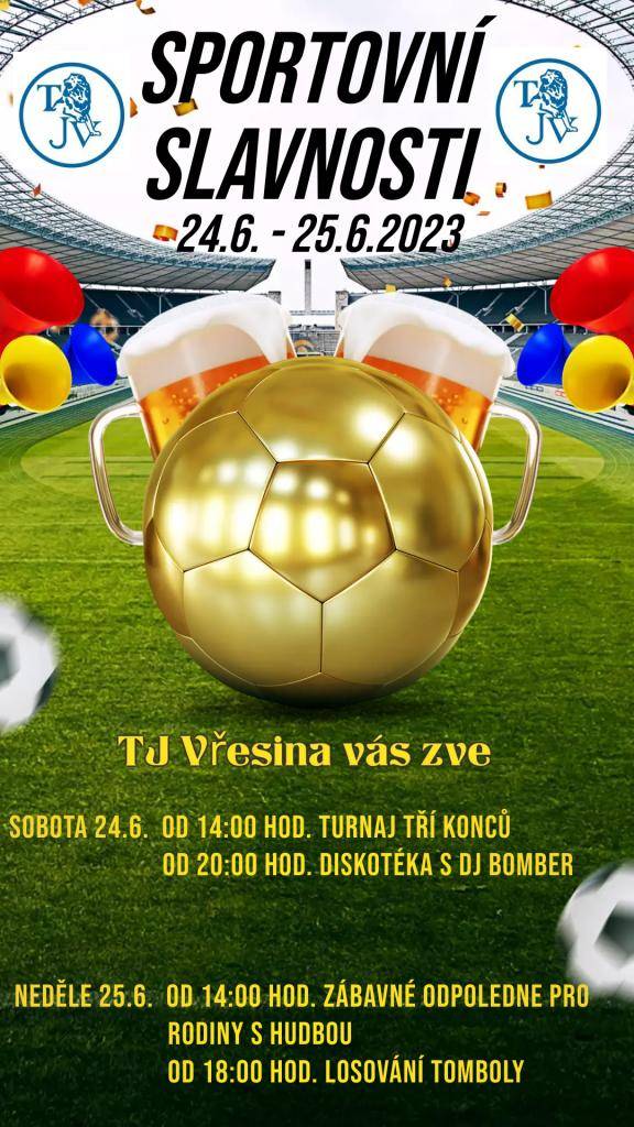24. a 25. června 2023 se konaly tradiční Sportovní slavnosti. Nechyběl ani Turnaj tří konců, ve kterém zvítězilo tentokrát  mužstvo MEXIKO. V mezičase se představila naše přípravka.  Gratulujeme všem ke krásným sportovním výkonům!
