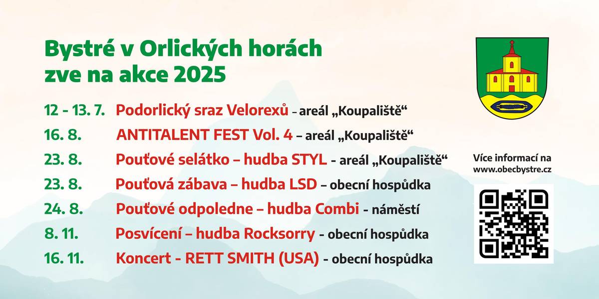 Srdečně zveme na kulturní akce v Bystrém. Pro bližší informace a další jiné akce sledujte naše webové stránky, nebo vývěsku s plakáty.