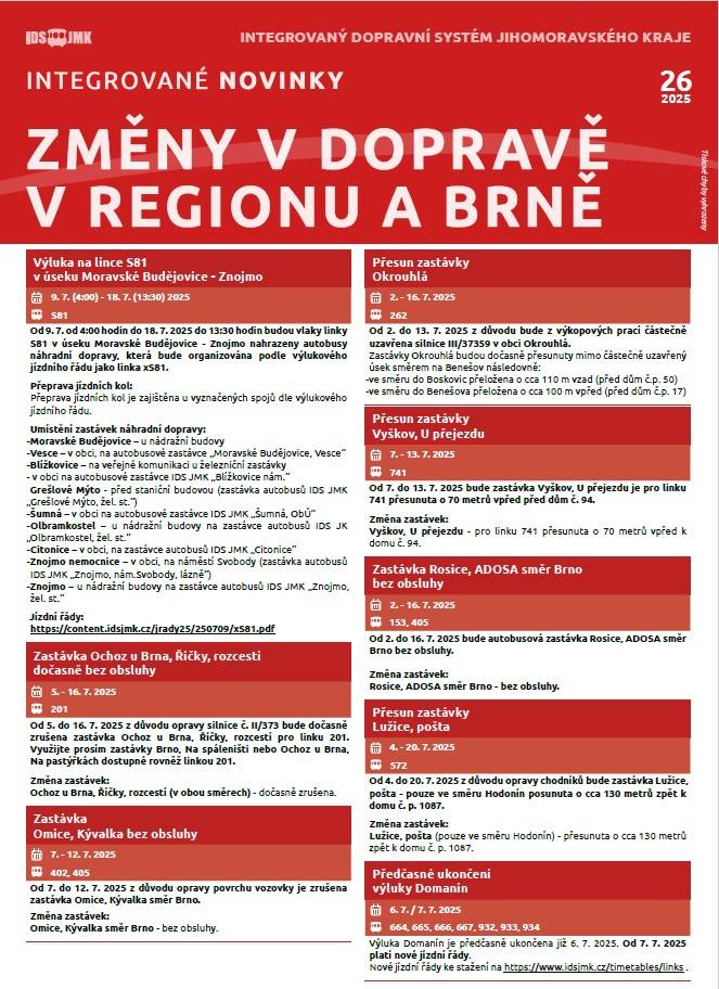 Náhradní autobusová doprava od 9.7. do 18.7.2025 mezi Znojmem a Moravskými Budějovice