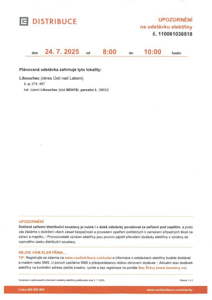 Oznámení o přerušení dodávky elektrické energie dne 24.7.2025