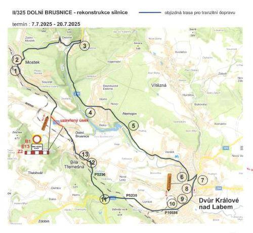 Od 7. do 20. července 2025 dojde k úplné uzavírce silnice II/325 v Dolní Brusnici z důvodu oprav. Objízdná trasa povede přes Debrné a Nemojov.
