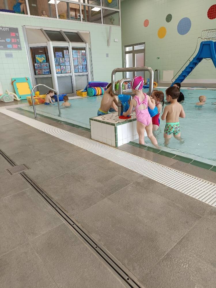 V květnu a v červnu jsme jezdili do Jindřichova Hradce do bazénu na předplavecký výcvik, kde se děti učily zábavnou formou základům plavání.