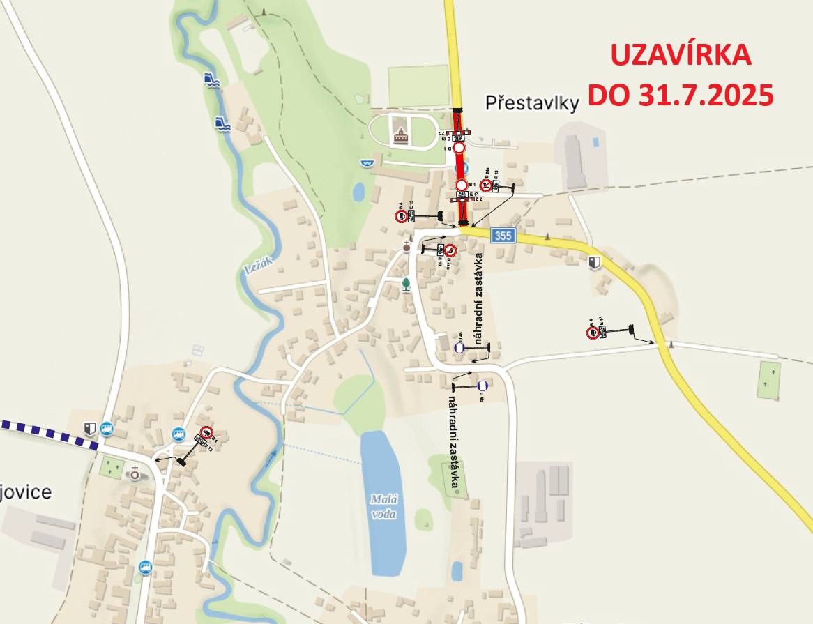 Vážení spoluobčané, dovolujeme si Vás informovat o plánovaných dopravních uzavírkách, resp. jejich prodloužení, v obcích Přestavlky a Řestoky.     Přestavlky - uzavírka od křižovatky silnice II/355 směrem na Hrochův Týnec (současný stav) potrvá do 31.7.2025     Řestoky - uzavírka silnice III/35516 - příjezd na začátek obce Řestoky od Rosic až po křižovatku na Zájezdec a Honbice nebo Trojovice bude uzavřen do 31.8.2025