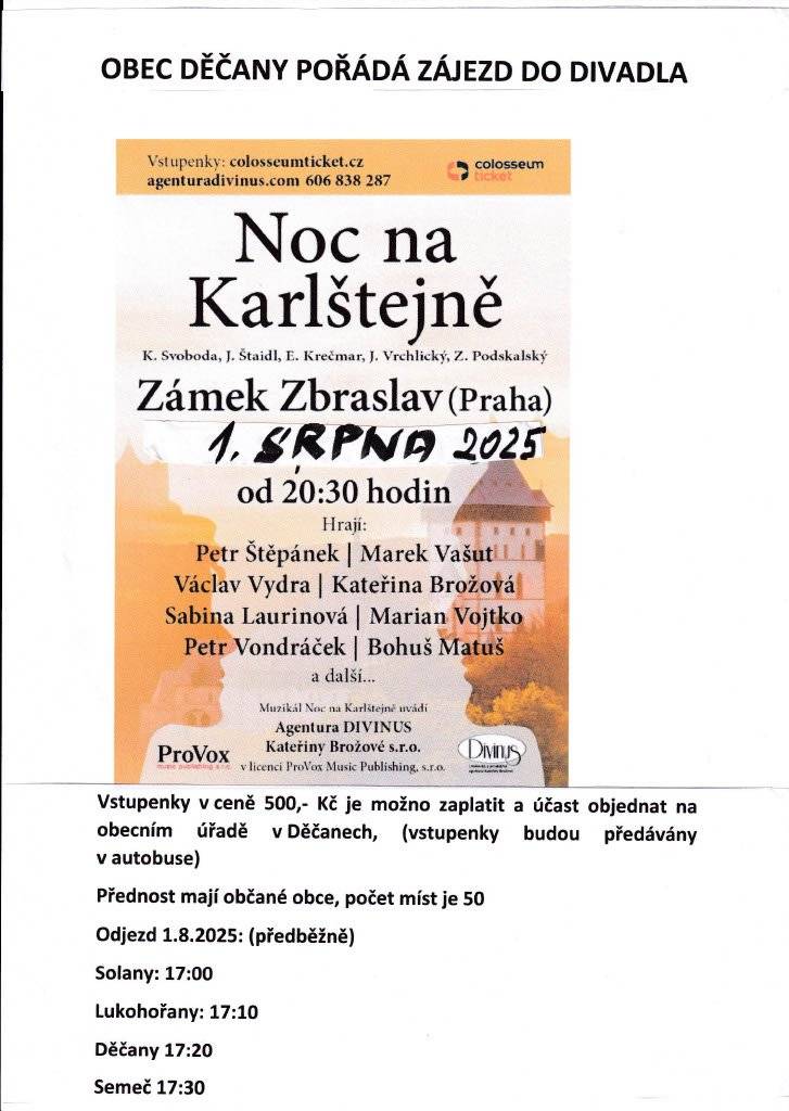 Obec Děčany pořádá zájezd do divadla, pojeďte s námi.