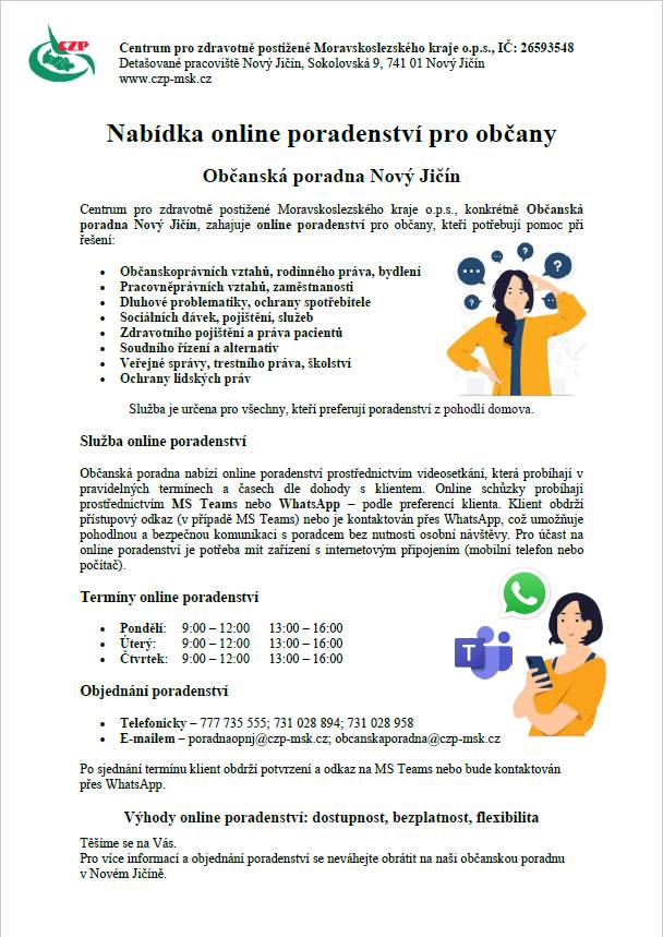Občanská poradna Nový Jičín nabízí novou službu bezplatného online poradenství v různých oblastech práva a sociálních služeb. Tato služba je dostupná pro širokou veřejnost a umožňuje pohodlnou komunikaci z domova.