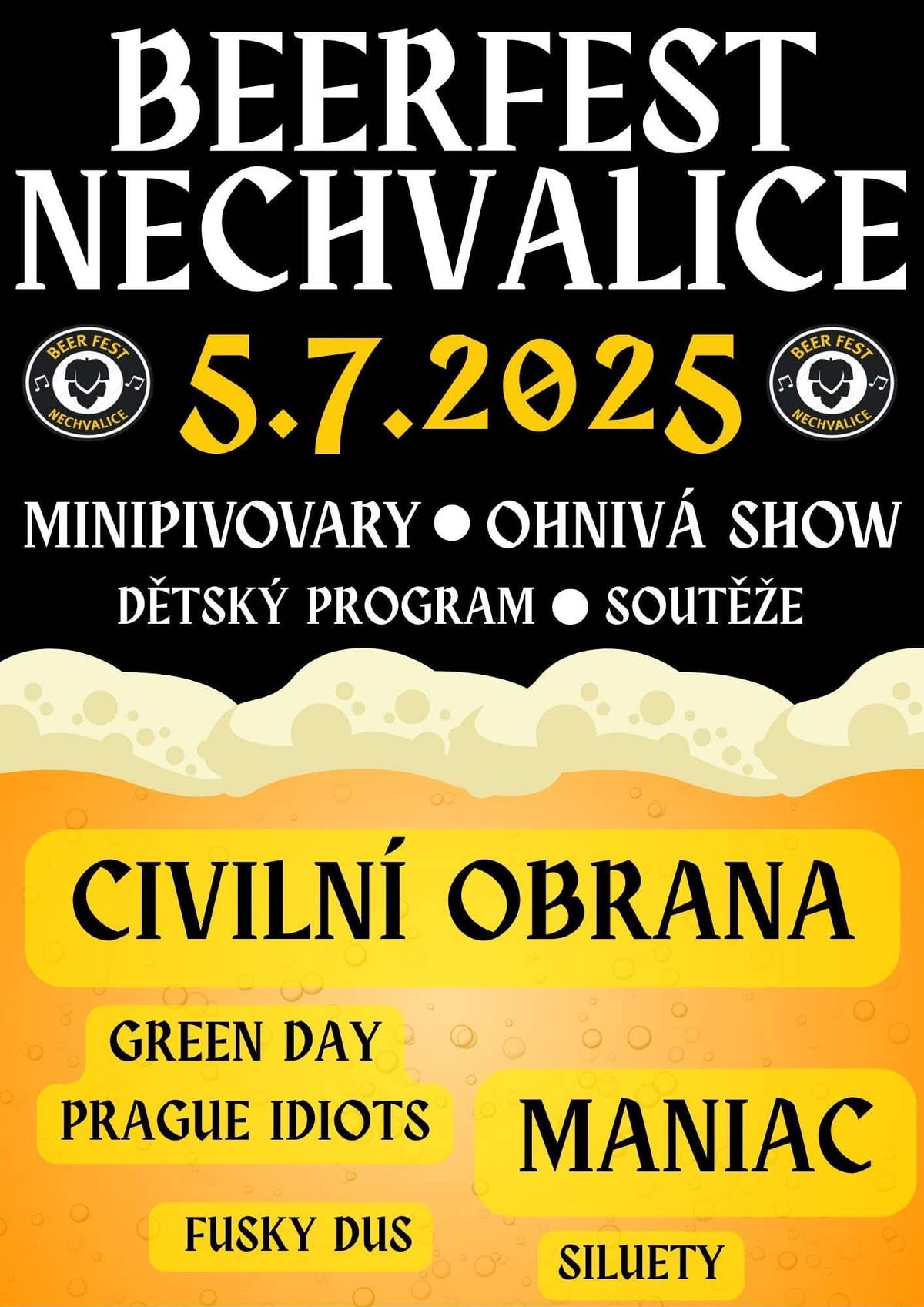 Tuto sobotu proběhne Beerfest Nechvalice, jemuž bude předcházet nohejbalový turnaj o Pohár starosty obce na asfaltovém hřišti v Nechvalicích (9-13hod), na který můžete přijit podpořit Nechvalické družstvo. Následovat bude od 14hod Beerfest, nebudou chybět skákací hrady, hry pro děti, malování na obličej a další hry pro děti i dospělé. Občerstvení zajištěno - variace hamburgerů, klobásy,pizzy, točené zmrzliny a další Na čepu bude 8 piv z minipivovarů, pro příznivce míchaných nápojů a vína točený Gin+tonic a Prossecco frizzante a spoustu dalších nealko nápojů Děti do 150cm vstup zdarma. Zvýhodněné vstupenky je možno zakoupit do pátku: Beerfest Nechvalice 2025 – Fotbalové hřiště – Nechvalice – vstupenky Vstupné na místě 350kč