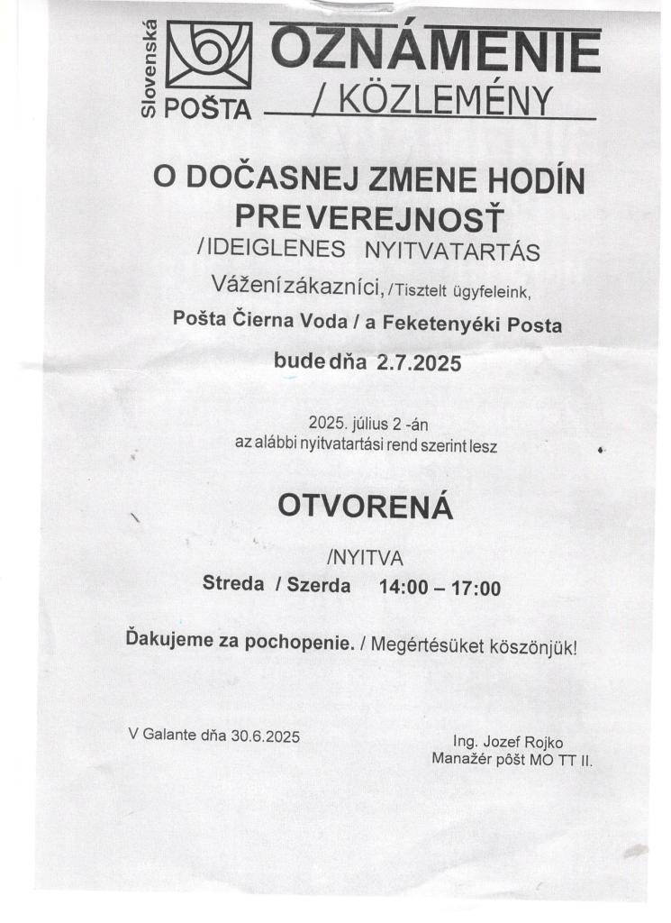 Oznámenie  Értesítés