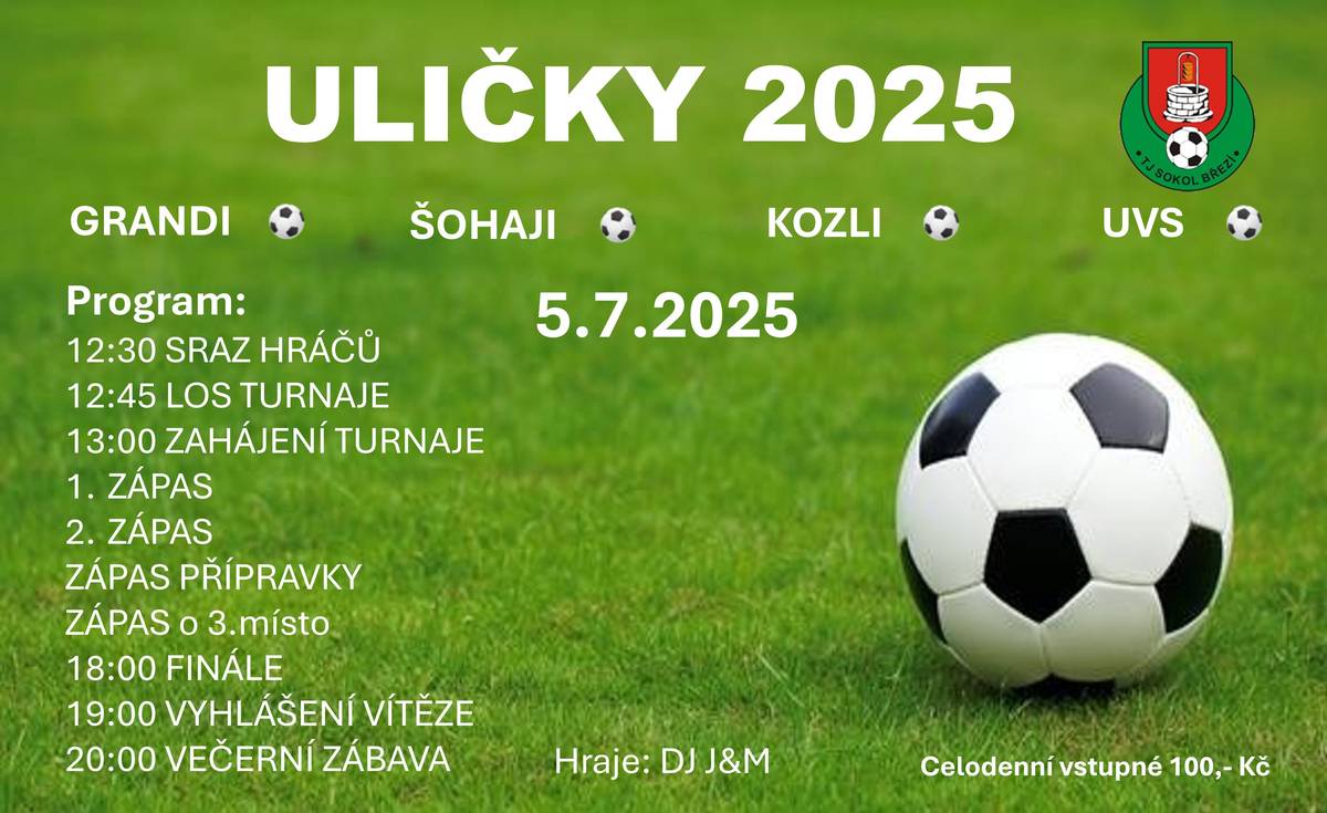 Turnaj Uličky 2025 se uskuteční 5. července a nabídne široký program pro všechny nadšence. Sraz hráčů je naplánován na 12:30, následuje losování turnaje a zahájení zápasů. V průběhu dne se odehrají zápasy včetně finále, které začne v 18:00. Vyhlášení vítězů proběhne v 19:00. Večerní zábava s DJ vás potěší až od 20:00. Vstupné na celý den je 100 Kč.
