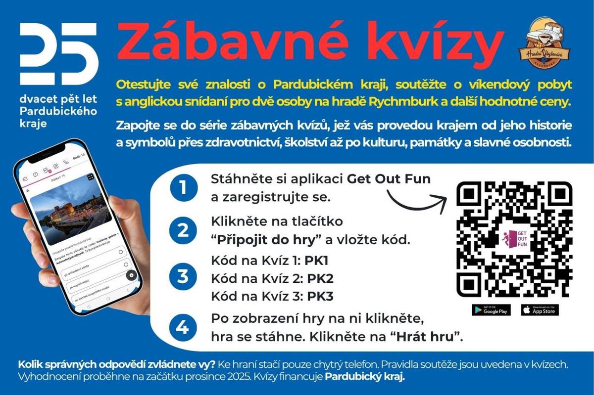 Dnem Pardubického kraje v pátek odstartovala série tří nových kvízů na platformě Get Out Fun. Zájemci si je mohou luštit jen pro zábavu, nebo se mohou přihlásit do soutěže o ceny. Hlavní cenou je víkendový pobyt pro dva s anglickou snídaní z Hradní spižírny na hradě Rychmburk v sezóně 2026. Soutěž p