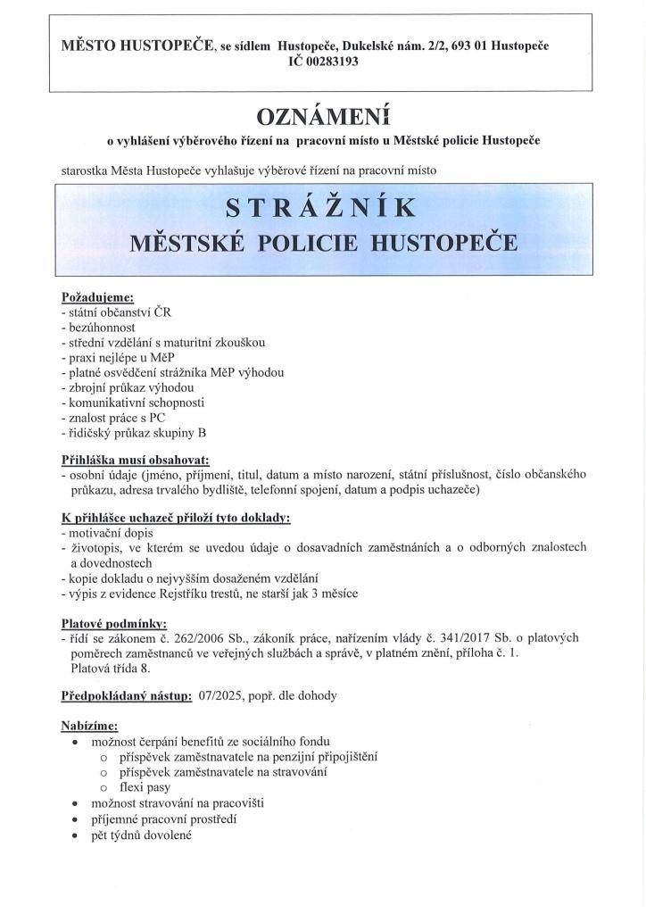 Pracovní místo - Strážník Městské policie