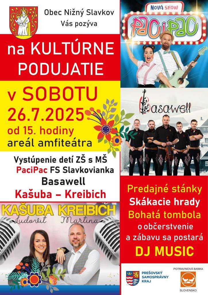 Obec Nižný Slavkov vás srdečne pozýva na kultúrne vystúpenie detí zo ZŠ s MŠ a folklórneho súboru Slavkovianka. Tešiť sa môžete aj na vystúpenie Basawell a ďalšie prekvapenia v areáli amfiteátra.