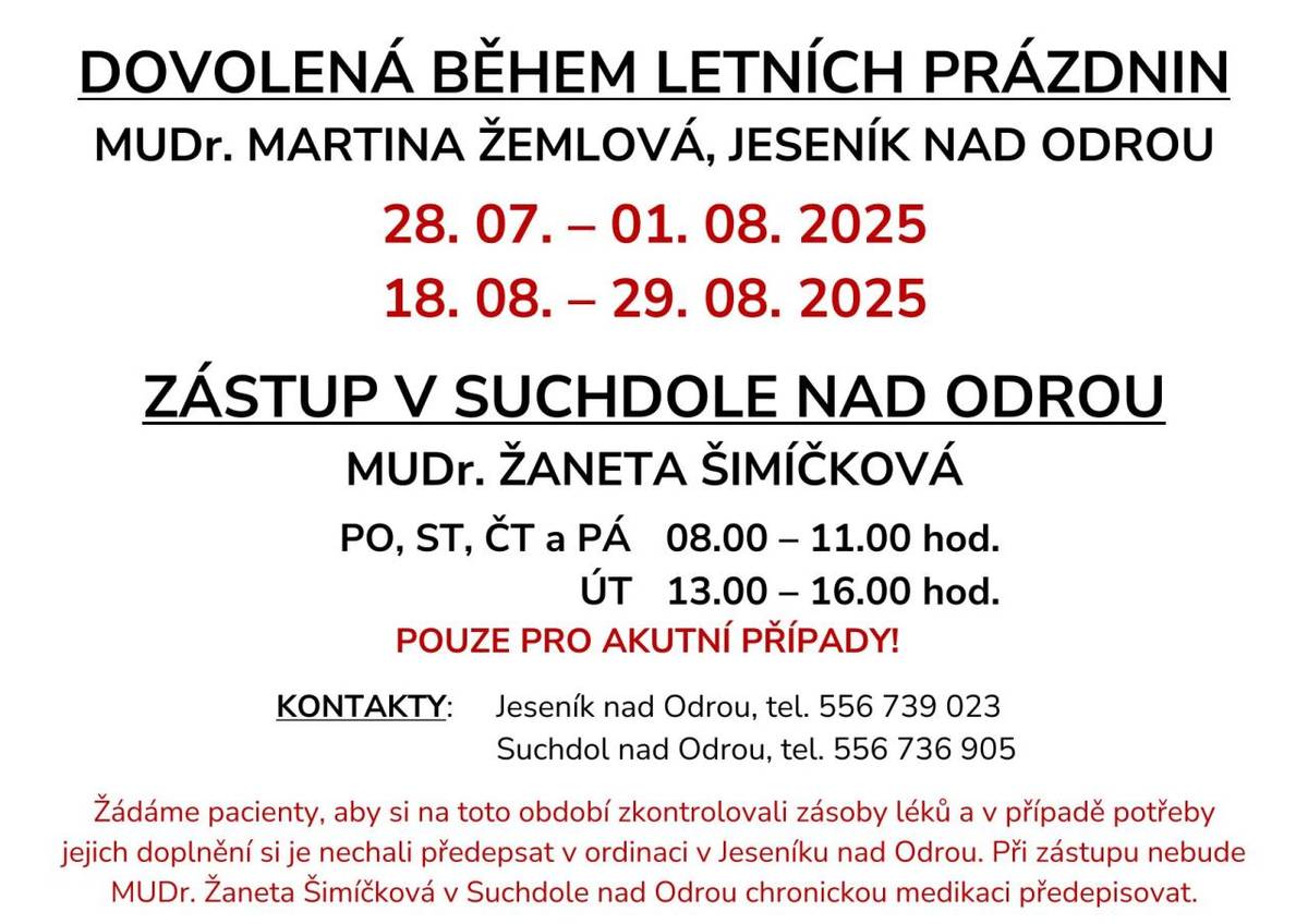 Z důvodu čerpání řádné dovolené, bude upraven provoz ordinace praktické lékařky v Jeseníku nad Odrou.