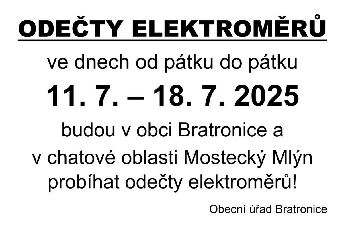 V obci Bratronice a chatové oblasti Mostecký Mlýn proběhnou odečty elektroměrů od 11. do 18. července 2025.