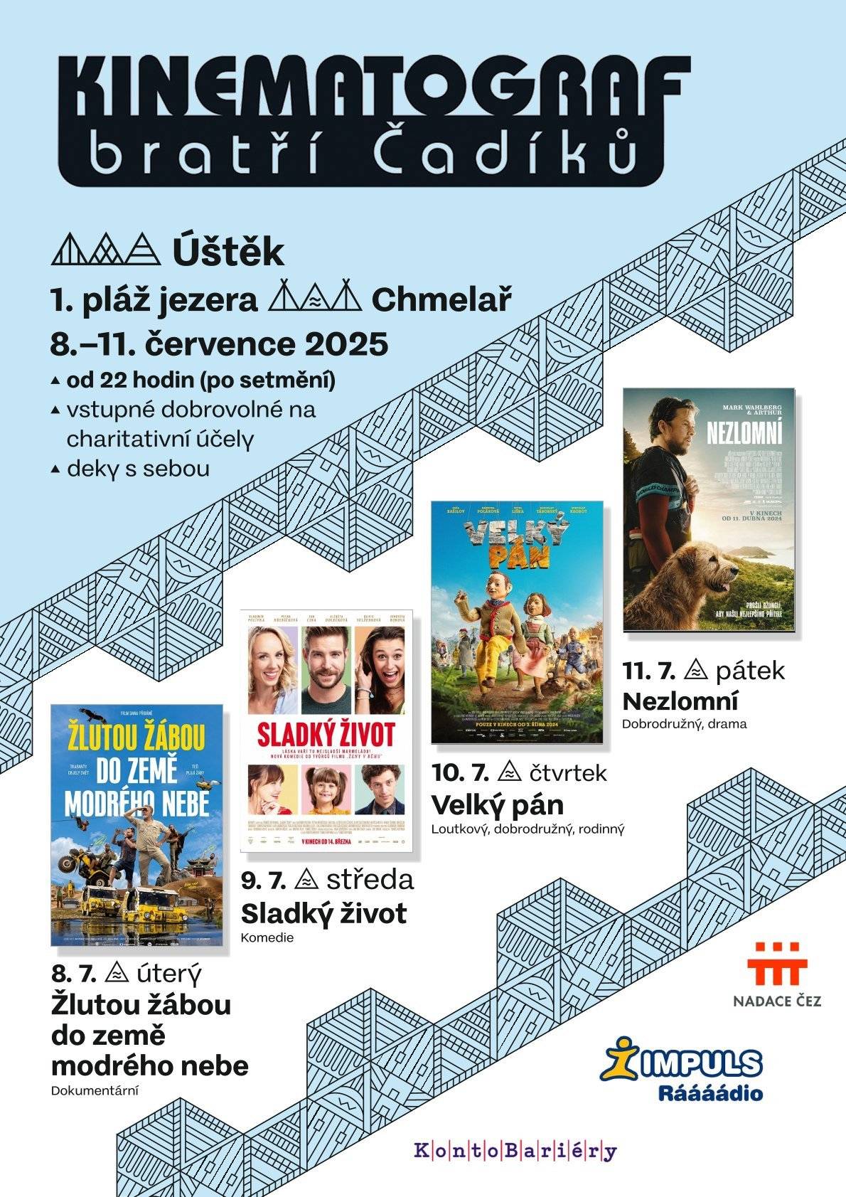 Zveme vás k jezeru Chmelař na promítání Kinematografu bratří Čadíků, zítra 8.7. Žlutou žábou do země modrého nebe a ve středu 9.7. komedie Sladký život, vstupné dobrovolné na charitu.